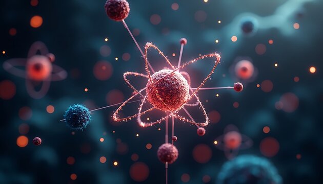 Atom Structure Glowing Red and Blue on Dark Background Illustration