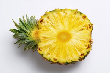 Pineapple half, top view, vibrant yellow flesh, green crown