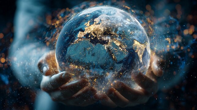 Hands Holding a Glowing Earth Globe with Illuminated Continents in Dark Background - Powered by Adobe