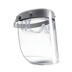 Clear protective face shield with adjustable strap for personal safety and hygiene against airborne particles and droplets isolated on transparent background