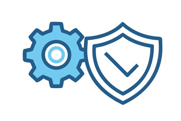 Blue gear and shield with checkmark icon on black background representing security and operations