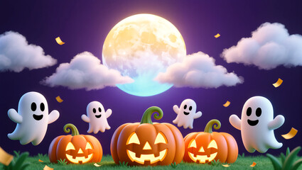 Fototapeta premium Halloween Night Scene with Pumpkins, Ghosts, and Full Moon