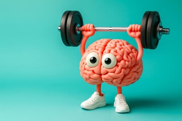 Cute brain character lifting a barbell on teal background, 3D illustration of mental fitness, memory training and brain power