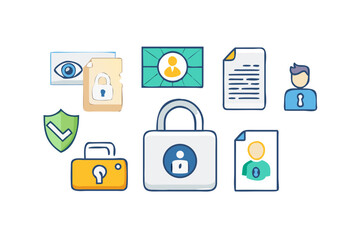 Digital security and privacy icons including eye locks documents and user profiles