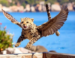 A cheetah-like creature with bird wings soars over a sea