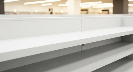Clean empty white shelves in a modern retail store, symbolizing new beginnings, scarcity, or inventory issues