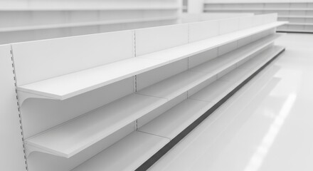 Obraz premium Clean empty white retail store display shelves in a bright modern commercial setting
