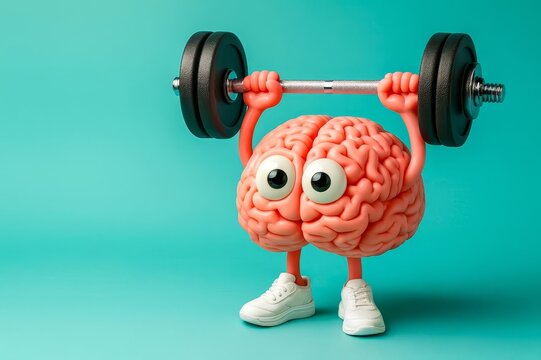 Cute brain character lifting a barbell on teal background, 3D illustration of mental fitness, memory training and brain power - Powered by Adobe