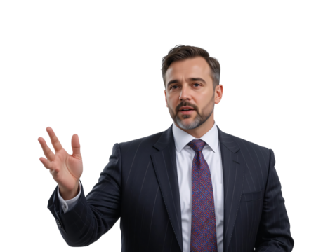 Confident young businessman in a suit smiles and gestures with his finger, pointing up as a sign of success