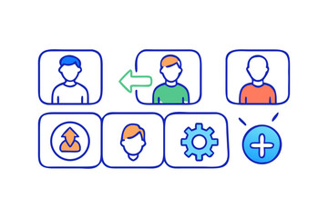 Team management and collaboration icons with user profiles and settings