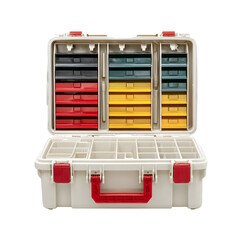 Open white plastic organizer case with red latches and handle filled with small parts and compartments isolated on transparent background