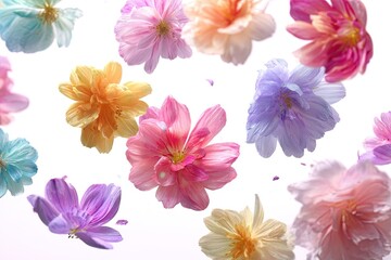 A vibrant array of colorful flowers suspended in mid-air against a stark white background.  Soft, pastel blossoms in various shades of pink, purple, orange, and yellow, showcasing delicate petals