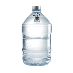Large clear plastic water bottle with a silver spigot and handle filled with clean drinking water isolated on transparent background