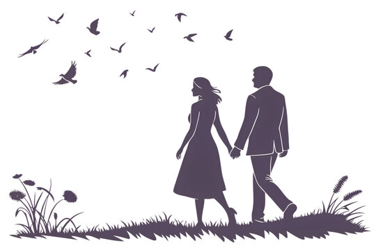 Silhouette of Couple in a Dreamy Walk: Two figures, hand-in-hand, embark on a romantic journey across a serene landscape.