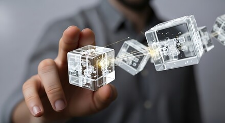 Hand touching transparent cubes connected by lines, representing blockchain technology