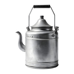 Vintage metal camping kettle with handle and spout isolated on transparent background