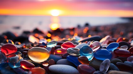 Colorful glass pebbles on the beach sunset