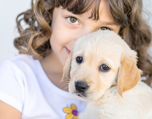A child hugs a puppy. Close-up