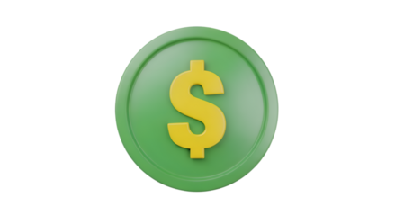 Green dollar coin isolated on transparent background