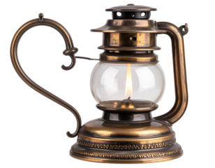Antique Oil Lamp with Curved Handle and Visible Wick, Angled Side Perspective, isolated transparent background PNG
