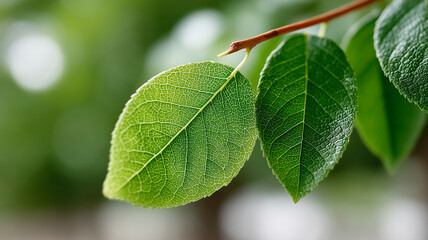 A high-resolution, close-up photograph of vibrant green leaves with a soft, blurred green background. This image captures the essence of nature, freshness, and growth.