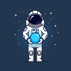Astronaut in a white suit holds a glowing blue sphere in space.