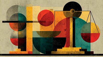 Law-themed abstract design using geometric shapes and modern graphics representing creative justice representation, minimal legal illustration, and contemporary law visuals
