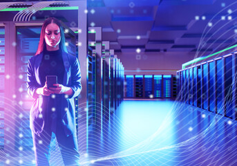 Businesswoman with smartphone standing in modern data center, digital network, cloud computing, cybersecurity, big data. Information Technology, Data center, Cloud computing.