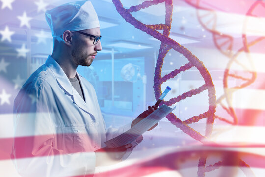Scientist in laboratory coat with DNA helix and USA flag background, genetics research, biotechnology, molecular biology, innovation. Genetics, Biotechnology, Science, Research.