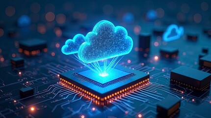 Digital cloud computing concept: a glowing holographic cloud cluster hovering above on circuit chip with a cloud-based big data analytics platform