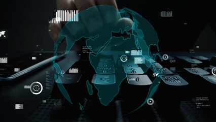 High-tech visual representing global connectivity and digital transformation, showcasing a globe overlay on a keyboard, symbolizing innovation in technology and data analysis. Xenic