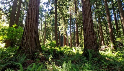 Obraz premium Majestic Redwood Forest with Lush Green Ferns in Sunlight