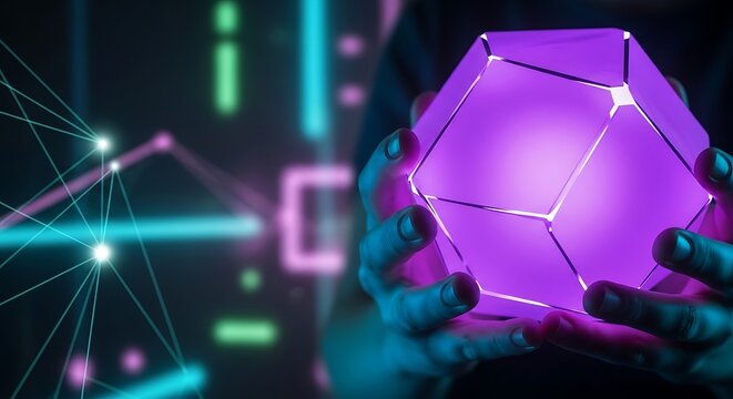 Person holding a glowing purple geometric object with abstract digital background