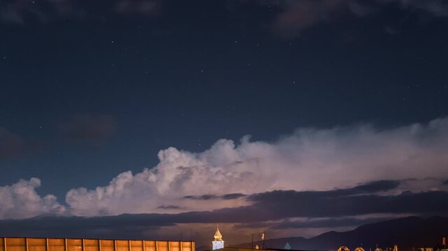 Timelapse of thunderstorm passing near city during the night.