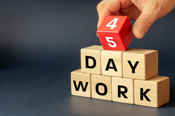 A 4-day workweek. A business concept. A shorter workweek. Longer weekends for employees, time for family. A hand changes 5 to 4 day work. copy space