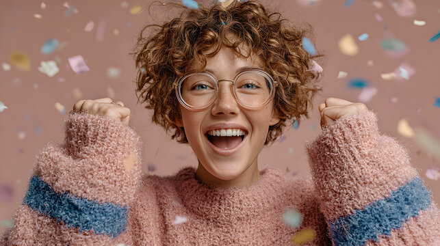 Happy woman with confetti and glasses celebrating a joyful moment  symbolizing raffle