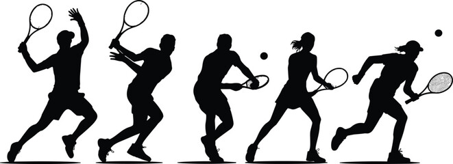 Silhouette of Male and Female Tennis Players in Action with Rackets and Balls on White Background for Sports Vector Design
