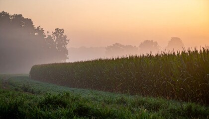 Misty Sunrise Over Cornfield with Lush Green Grass in Background