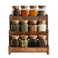 Rustic wooden spice rack filled with twelve glass jars containing various colorful spices and herbs isolated on transparent background