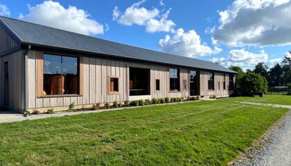 Obraz premium Modern Wooden Building Surrounded by Green Grass and Blue Skies