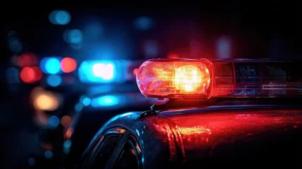 Tableau sur plexiglas Véhicules A 4K photo of flashing police car siren lights at night. Vibrant red and blue colors against dark background. Emergency services, law enforcement vehicles on duty. Crime.  © anika