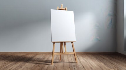 A 4K photo of white foam board poster on an easel front facing, blank, exhibition, presentation, marketing, standing.