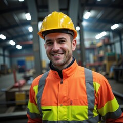 Smiling construction worker in hard hat and high-visibility jacket on industrial site Professional Worker Portrait Ultra realistic Photorealistic  capture subject in a way that resembles a still fr