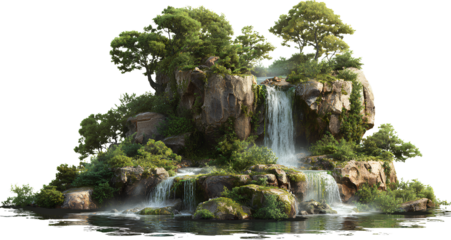 waterfall and greenery on an island, transparent background, png format