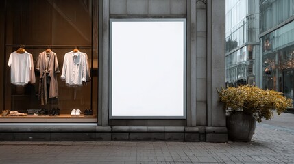 Obraz premium Blank storefront sign, city street, clothing display, mockup.