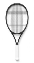 Top view of a modern tennis racket with black frame and strings and white handle isolated on white background 9:16 ratio