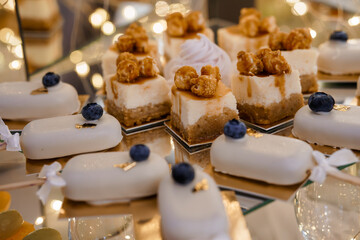 Exquisite Miniature Cheesecakes and White Chocolate Desserts Displayed on a Mirrored Tray with Decorative Blueberries