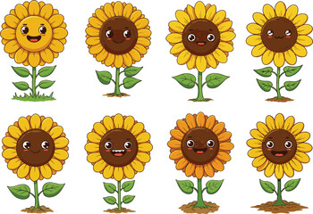 Cartoon Sunflowers with Expressive Faces, Unique Petals, and Soil Base in Whimsical Garden Poses on White Background for Kids Design