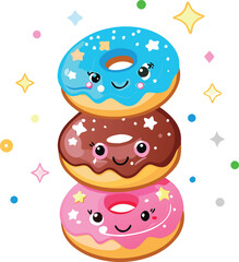 Stack of three kawaii donuts isolated on white background, a sweet and colorful treat for any occasion