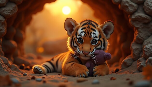 Cute Tiger Cub Lying Down Hugging Purple Toy in Warm Sunset Light